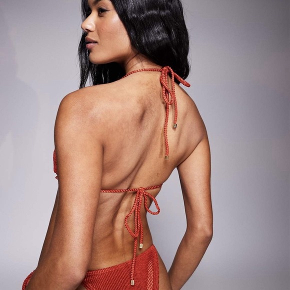 NEW South Beach Crinkle Frill Triangle Bikini Top Rust Gold Womens 2 Ruffle Swim - Picture 3 of 15